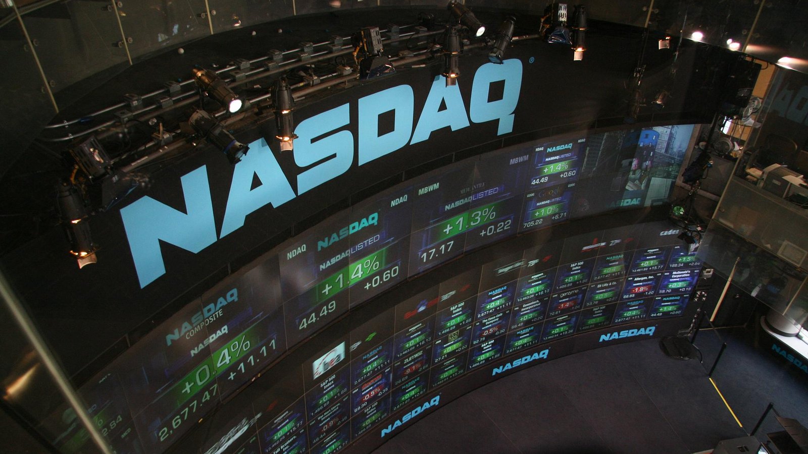 Nasdaq market displays inside the exchange's Times Square studio.