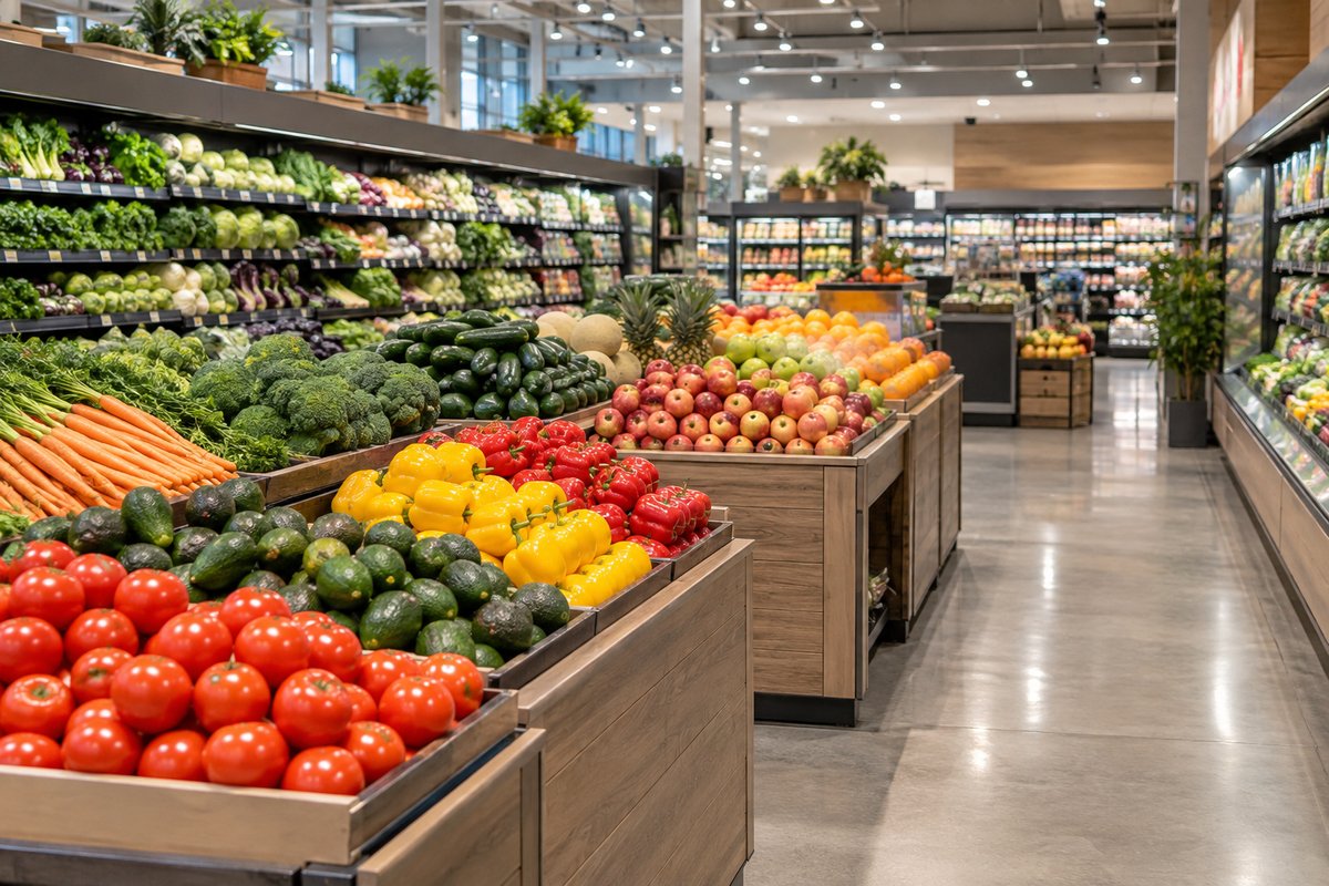 A Money & World house illustration of a generic produce aisle. It does not show the Immokalee ALDI store.