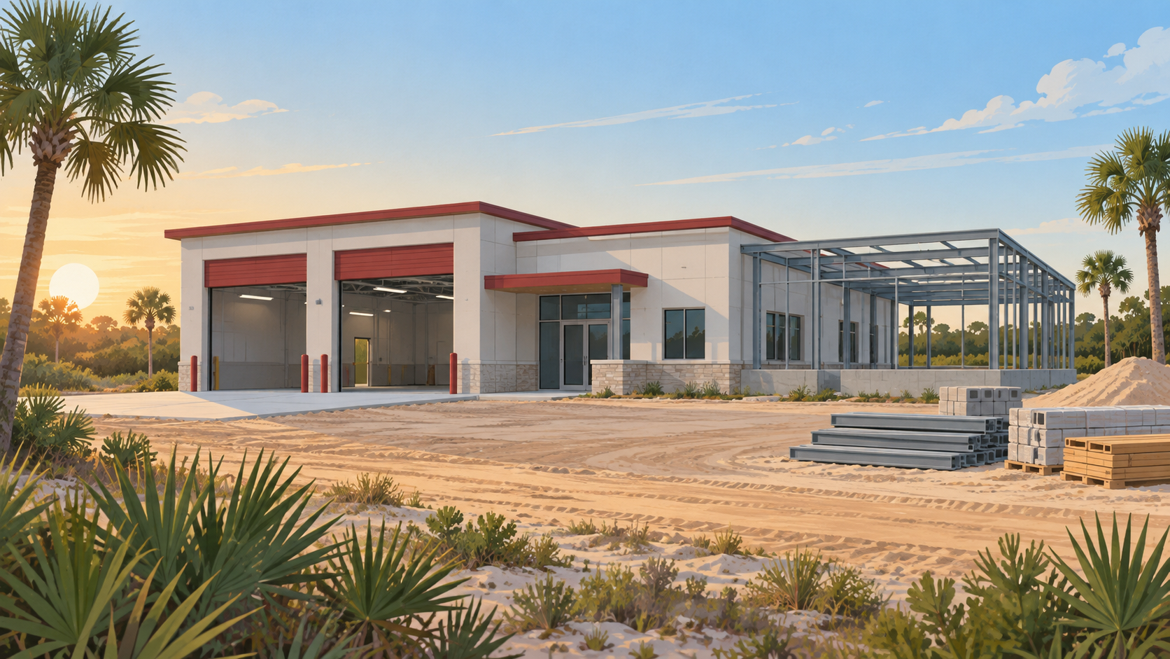 An editorial illustration of an unfinished emergency services station in a subtropical landscape, not a photograph of the Alva project.