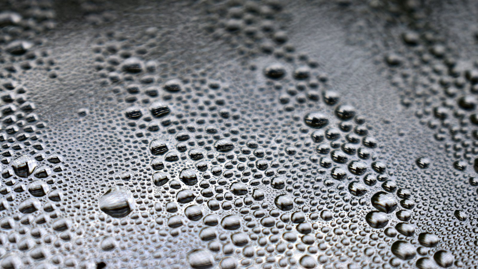 Thousands of water droplets of many sizes beaded across a plain grey surface and filling the whole frame in silver and near black, the larger domes each catching a small highlight along the top. No text, brand mark, person or place is in view.