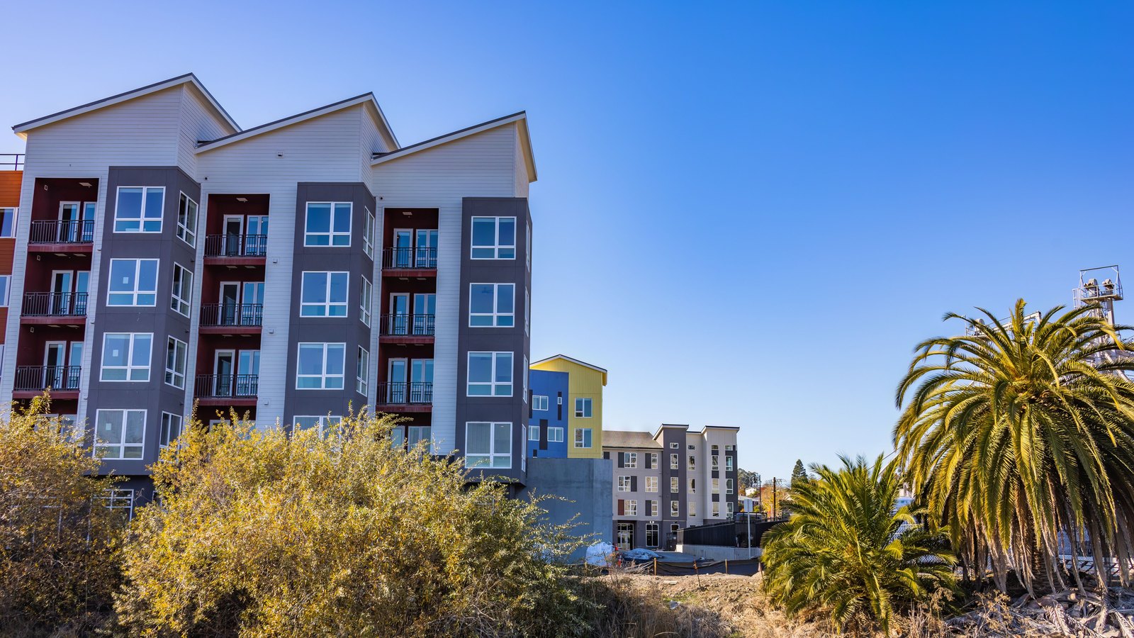 A newly built five-storey apartment block clad in grey and white siding with a balcony on every floor, seen across a bank of scrub and a stand of palms, a second pale apartment block behind it and clear blue sky above. No person is in frame and no signage is legible. Stock photo, not a photograph of this event.