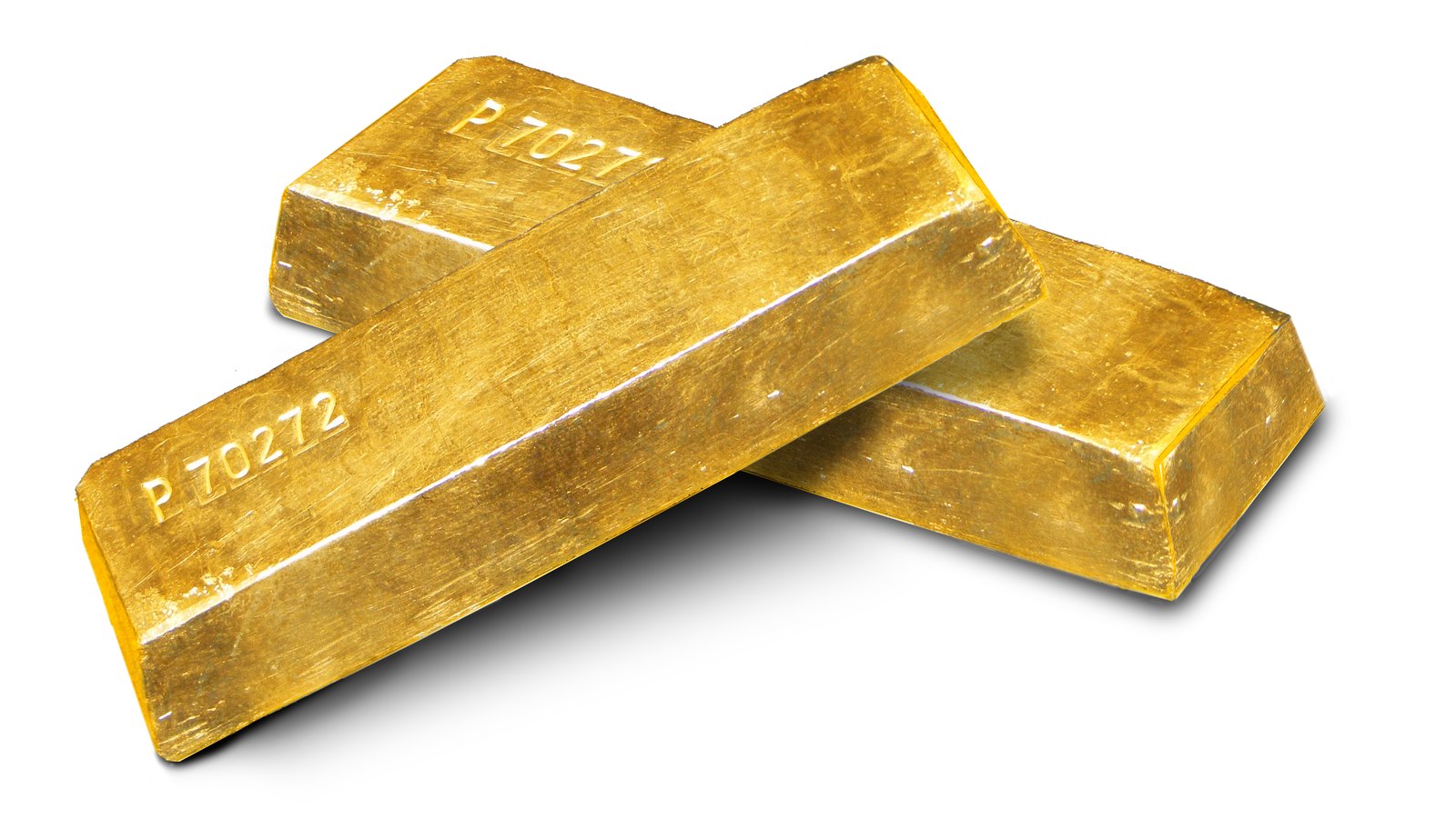 Three gold ingots arranged on a white background.