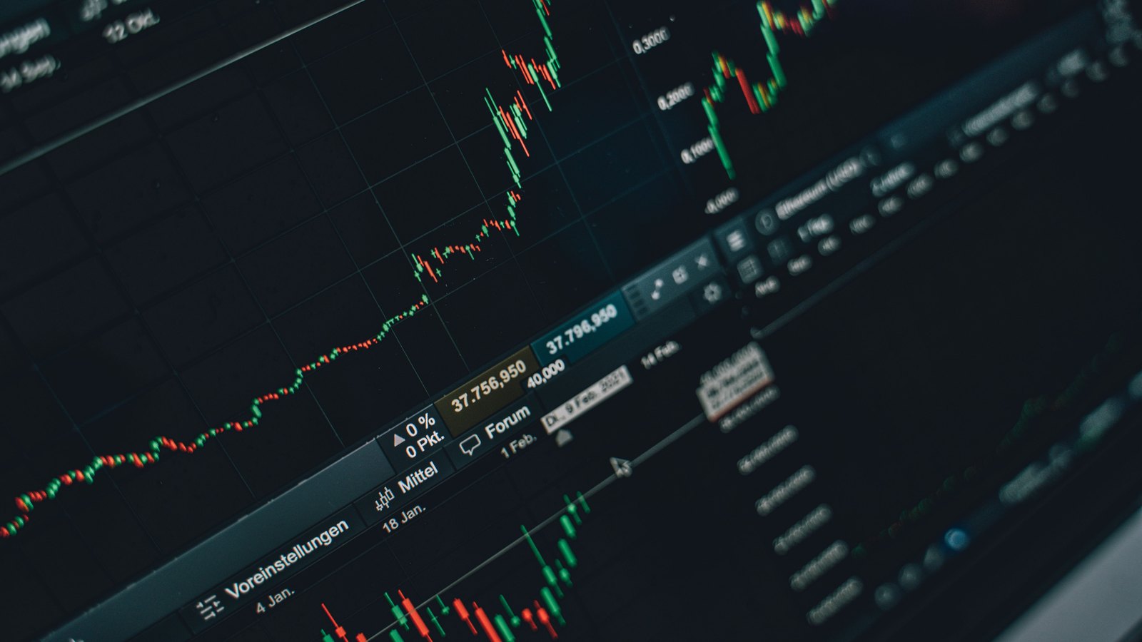 A close view of a screen showing rising and falling candlestick charts and figures. No identifiable person, place or company appears. A generic illustration of market and economic data.
