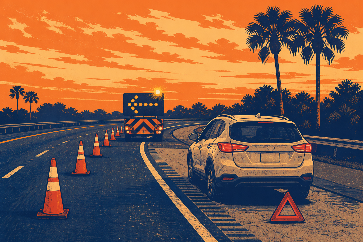 A screen-printed illustration of a disabled vehicle beside cones on a subtropical highway exit ramp, not a photograph of this event.