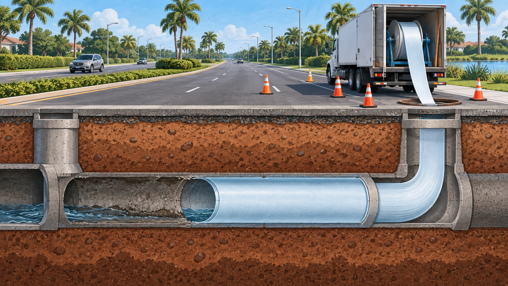 An editorial cutaway illustration of a storm-drain pipe being lined beneath a subtropical road, not a photograph of Bonita Beach Road.