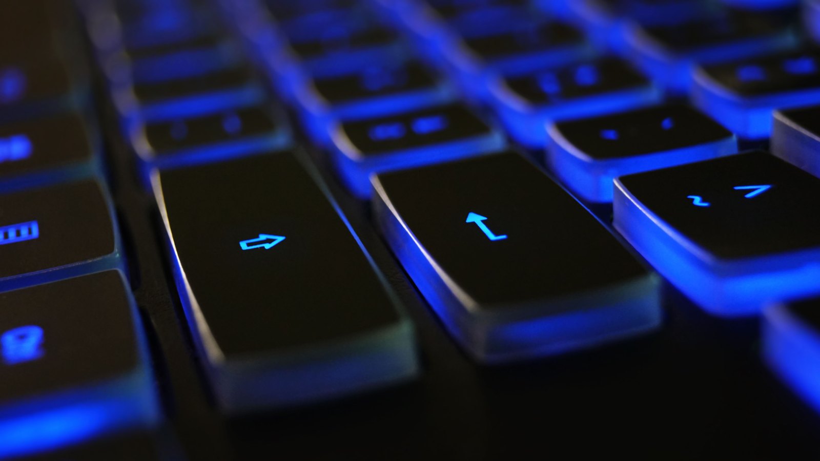 A close-up of a blue backlit computer keyboard, not a photograph of this event.