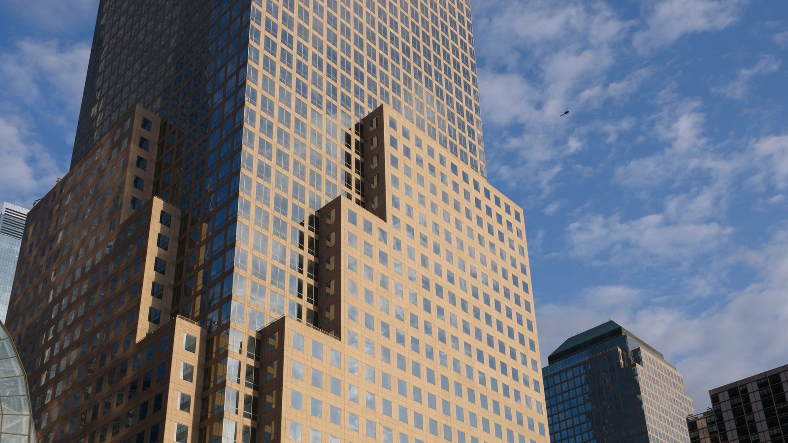 The Brookfield Place office complex in lower Manhattan under a blue sky