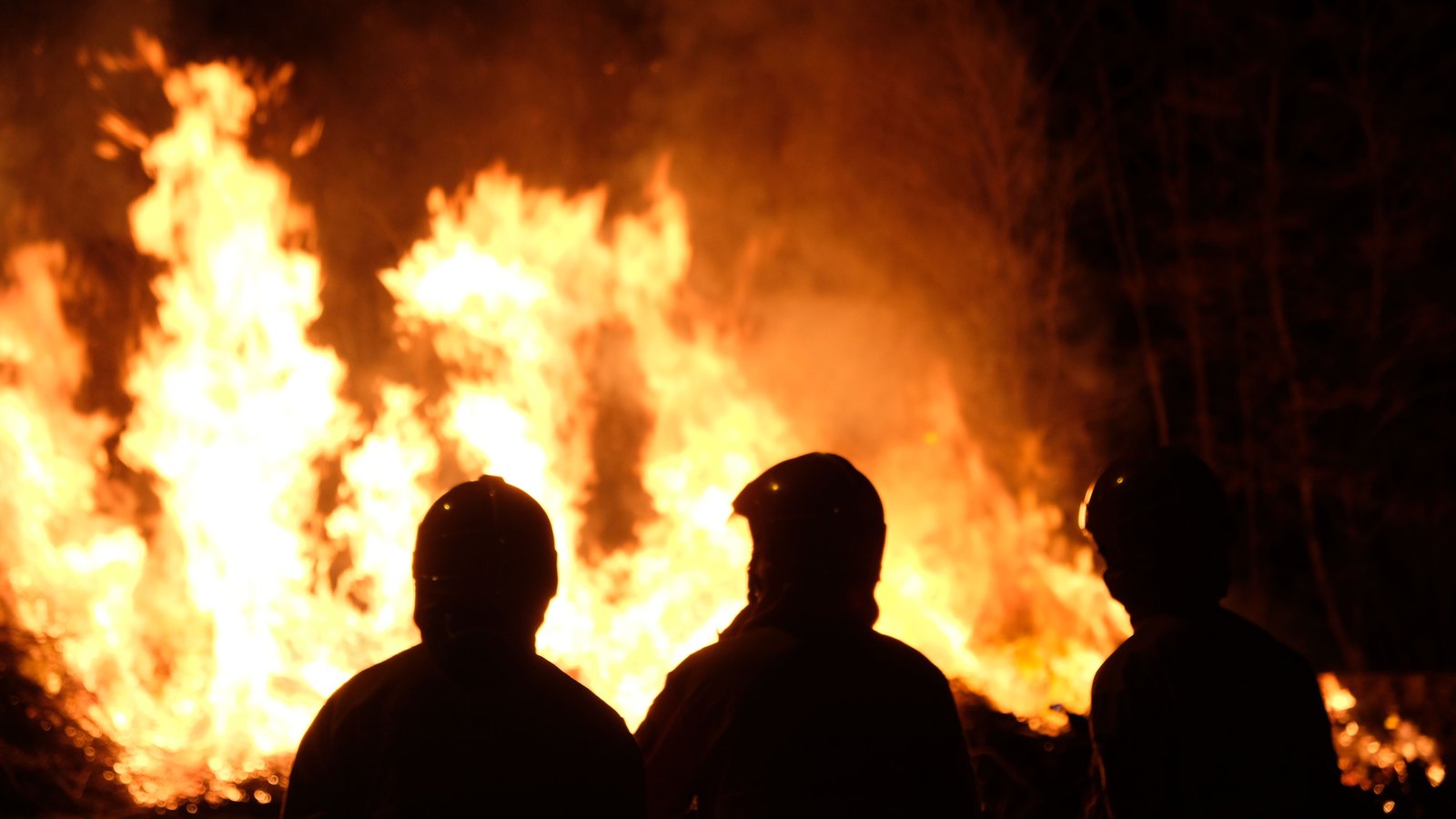 Three helmeted firefighters seen from behind in silhouette against a large blaze at night, their gear dark against the flames. No face, no department lettering, no vehicle marking, no plate and no legible text of any kind appears in the frame. A stock photograph, not a photograph of this event.
