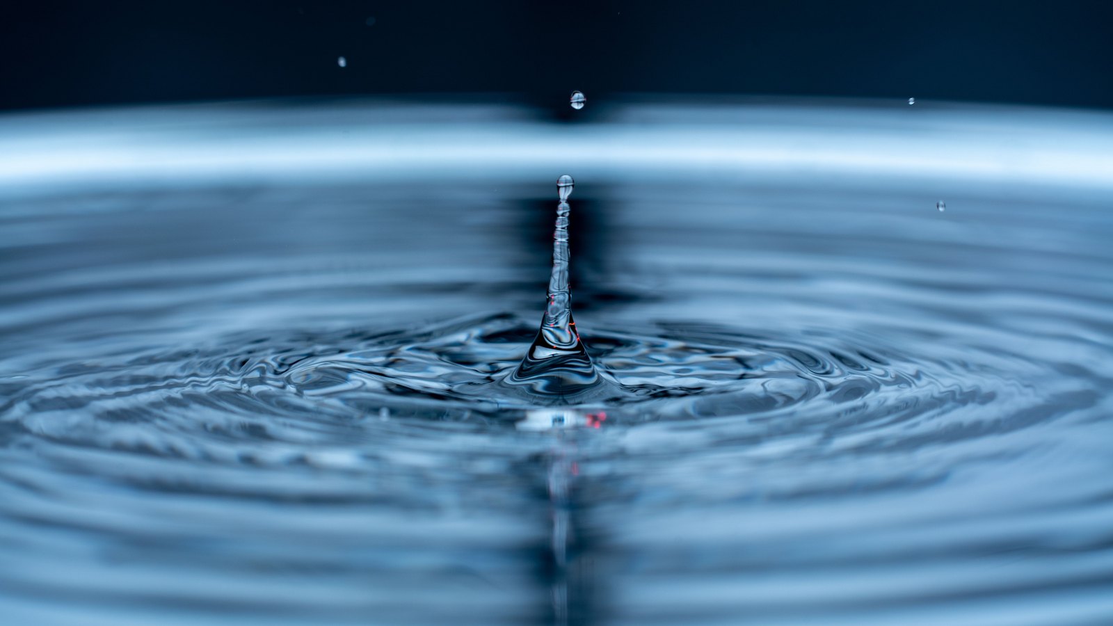 A single water droplet rebounding from a dark blue-grey water surface, surrounded by concentric ripples.