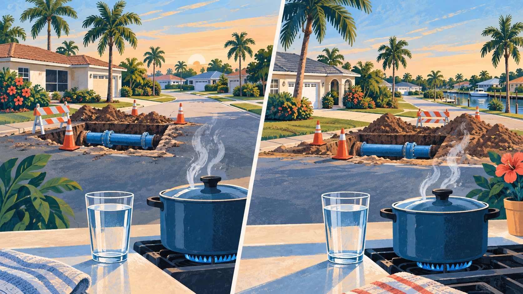 A split screen print illustration of two palm lined neighborhoods with water main excavations, beside glasses of water and steaming pots, not a photograph of either area.