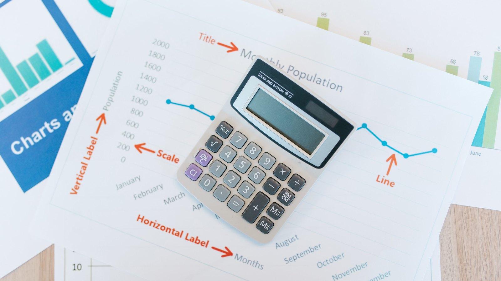 A calculator resting on printed financial charts and paperwork.
