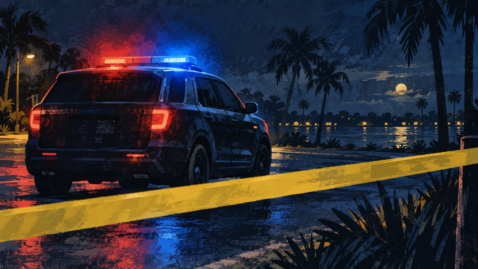 A screen-printed illustration of a generic unmarked emergency vehicle behind plain yellow scene tape on a palm-lined street at night, not a photograph of this event.
