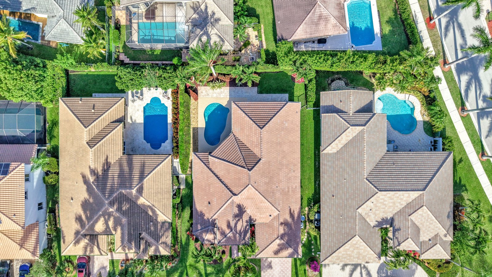 Aerial view of a flat palm-lined residential neighborhood with pools, not a photograph of Cape Coral sign work.