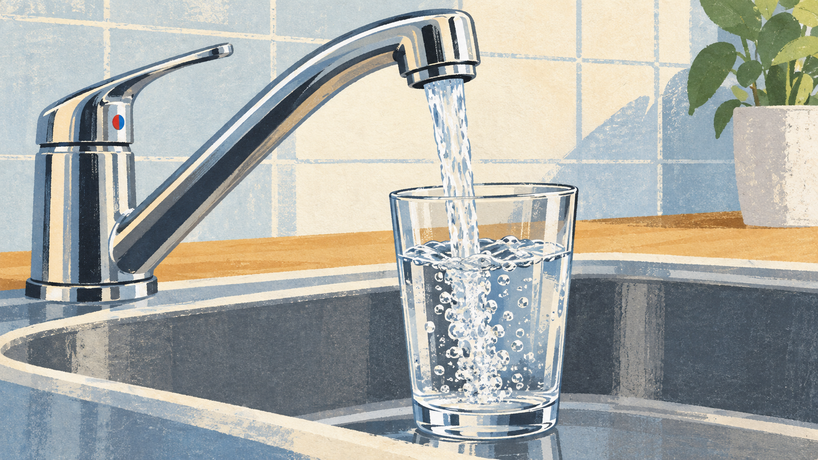 A gouache style illustration of clear water running from a chrome faucet into a drinking glass, not a photograph of this advisory.