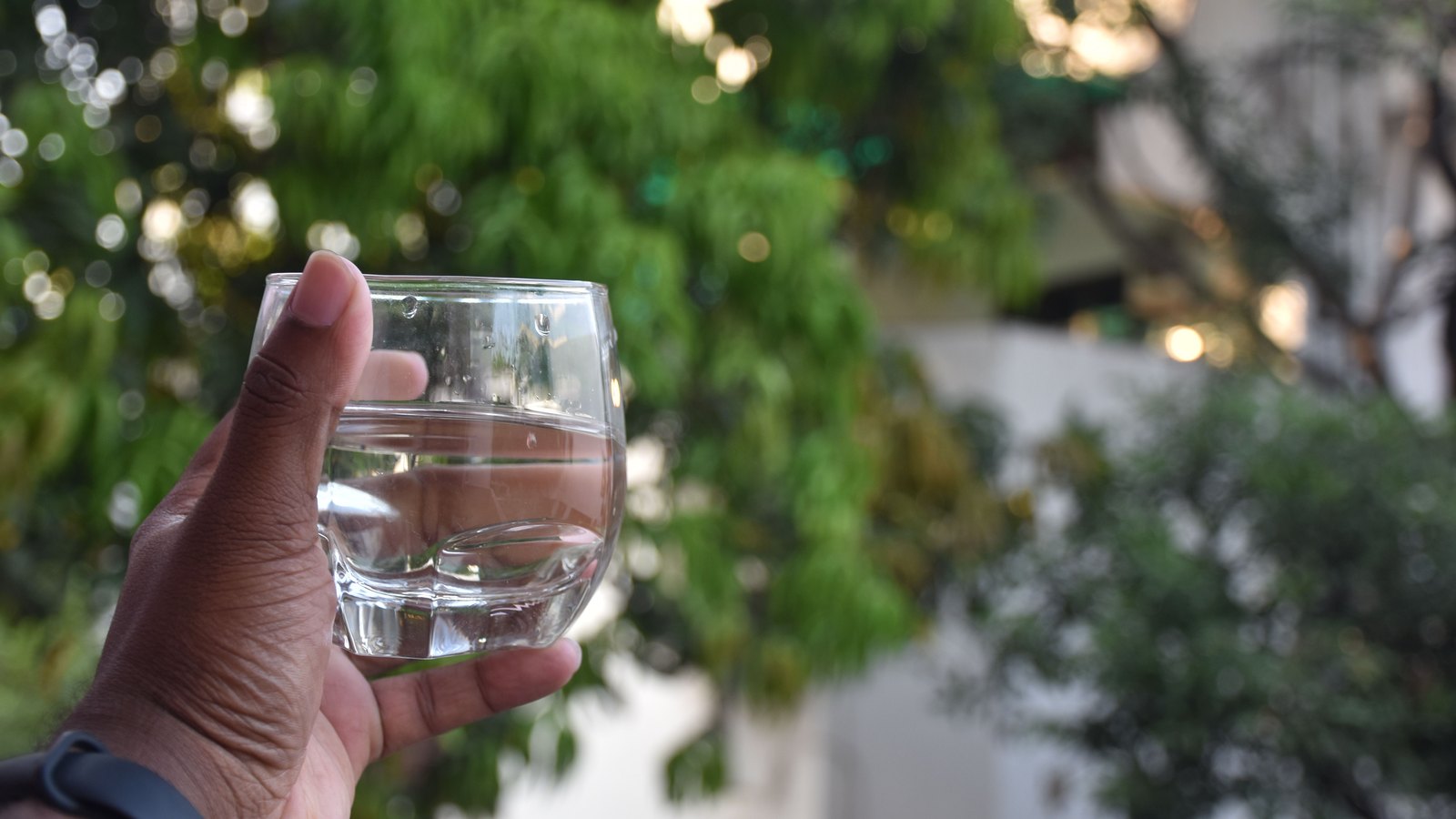 A hand holds a clear glass of water against blurred tropical greenery, with no face, text or identifiable location visible. A stock photograph, not a photograph of this notice.