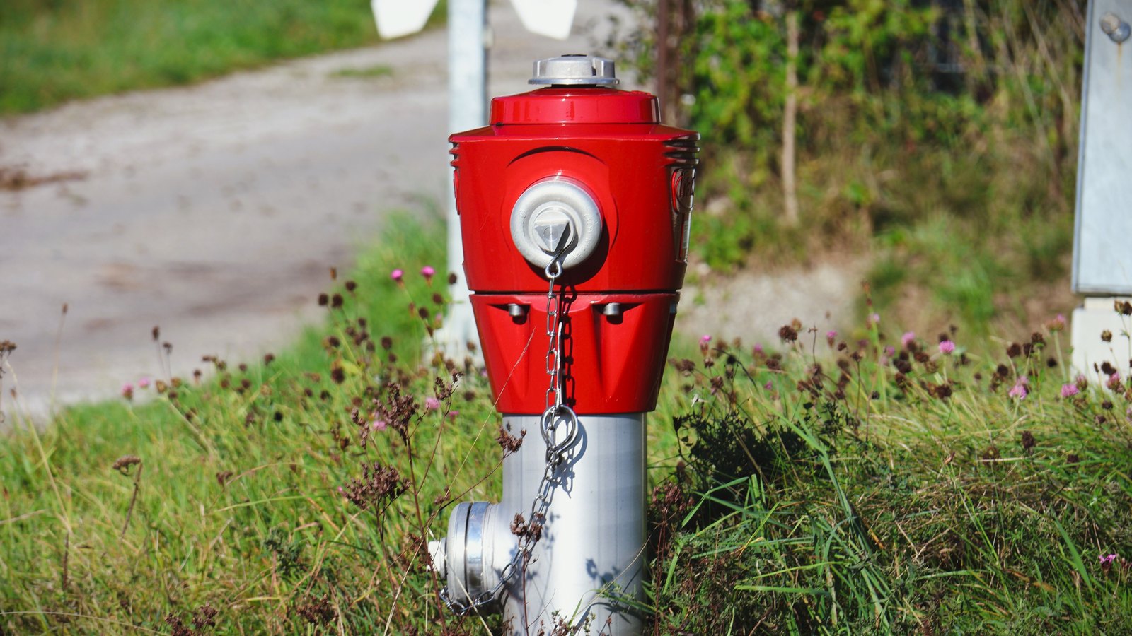 A red and silver fire hydrant standing in rough grass beside a narrow paved lane, shot close so the background falls away. No person, no house, no vehicle, no number plate, no agency marking and no legible text of any kind appears in the frame. A stock photograph, not a photograph of this event.