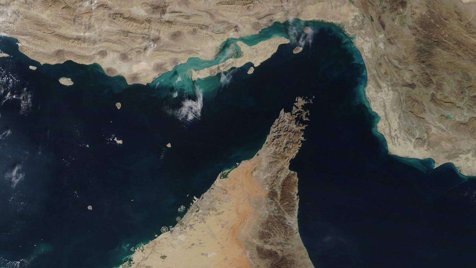 A NASA satellite image of the Strait of Hormuz between Iran and the Musandam Peninsula.