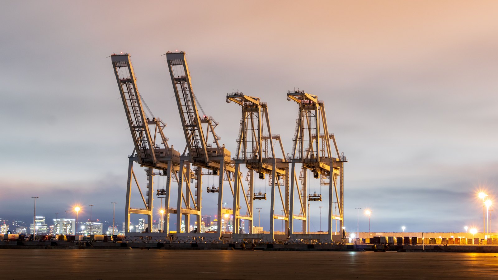 Cargo cranes stand over an illuminated harbor at dusk.