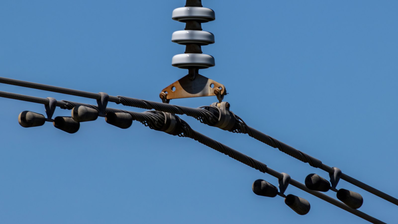 Two stranded overhead conductors fitted with vibration dampers crossing a clear blue sky, suspended from a porcelain insulator string.