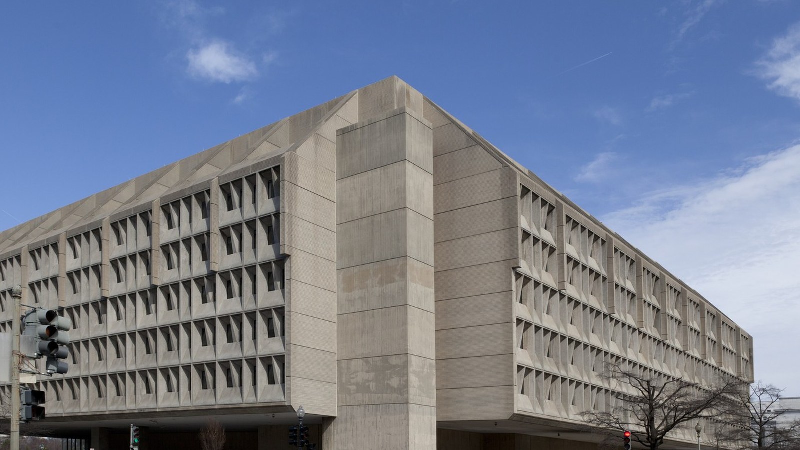 The concrete exterior of the Hubert H. Humphrey Building, headquarters of the US Department of Health and Human Services.