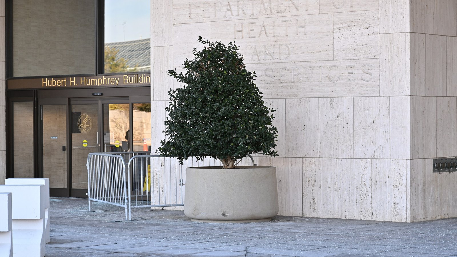 The entrance of the Hubert H. Humphrey Building, headquarters of the Department of Health and Human Services.