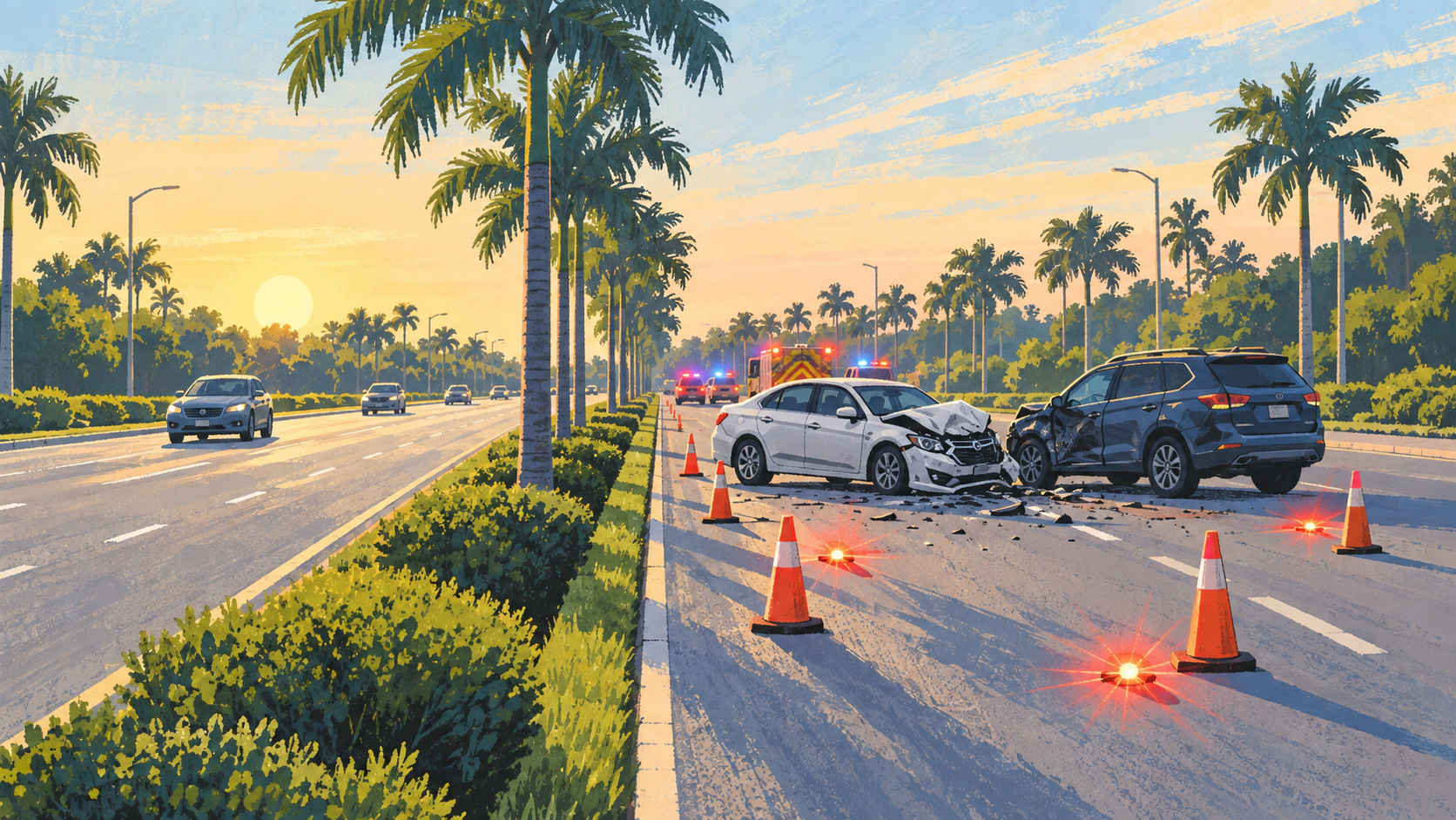 An illustrated two vehicle crash response blocks one side of a palm lined boulevard at sunrise, not a photograph of this event.