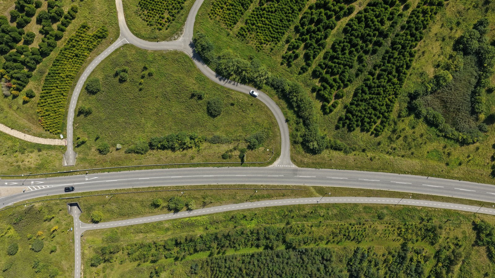 A straight down aerial photograph of a rural road junction, showing a main carriageway crossing the frame and two curved slip roads looping away from it through green grass and rows of young trees, with two small cars on the roads. No signage, lettering or place name is legible anywhere in the frame and no place can be identified from it. A generic junction illustration, not a photograph of the Golden Gate Parkway interchange, of Naples or of this crash.