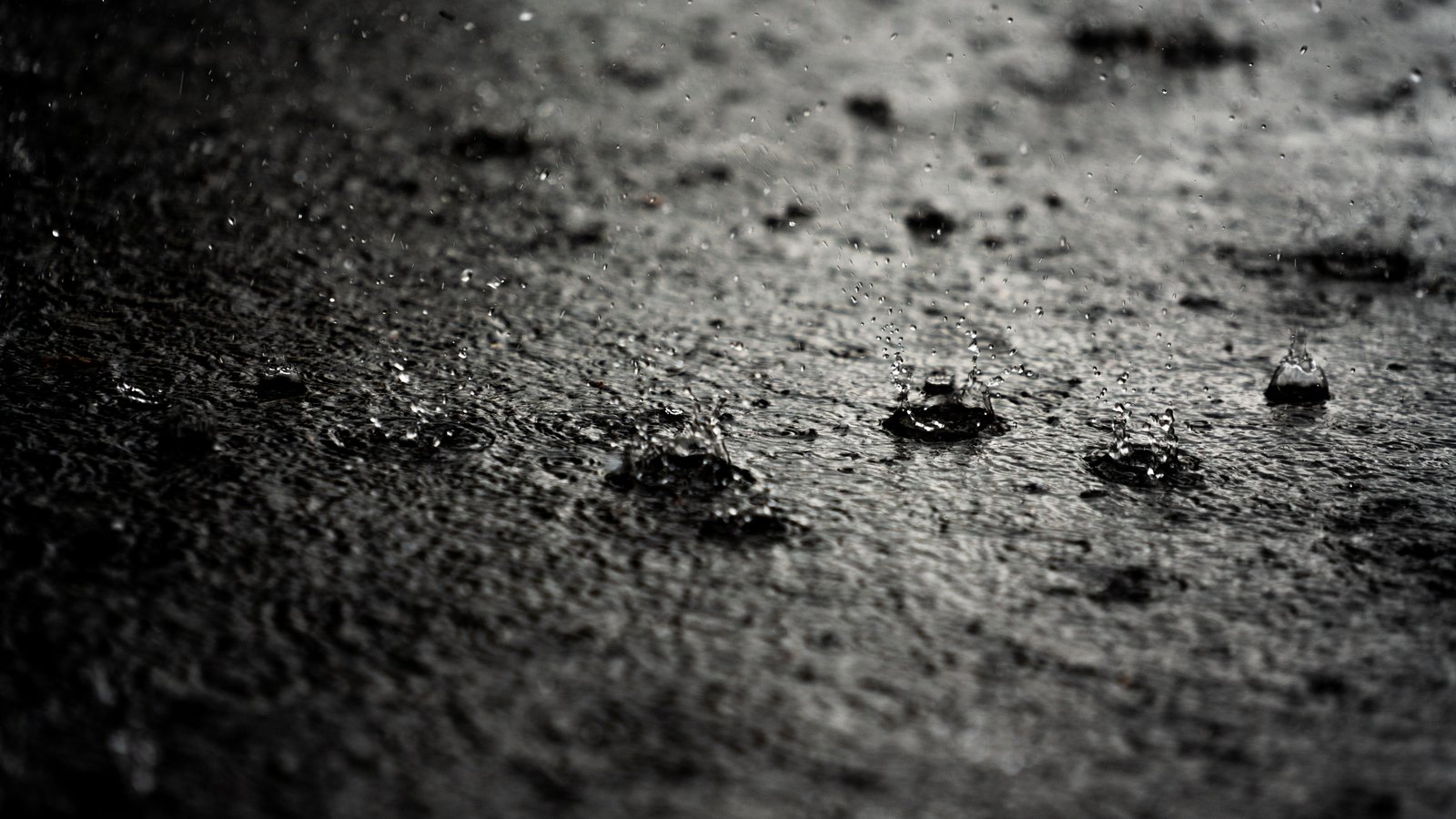 A black and white close crop of heavy rain striking a thin sheet of standing water lying on a dark, rough surface. Several drops have just landed and thrown up small crowns and threads of spray, and the water is covered in overlapping rings. The frame falls away out of focus at the top left. No people, vehicles, buildings, signage, lettering or brand marks are visible, and no place can be identified from it. Pexels titles it a grayscale photo of raindrops falling on the ground. An abstract surface used as a plain illustration, not a photograph of Collier County, of Hendry County or of any road or location named in this item.