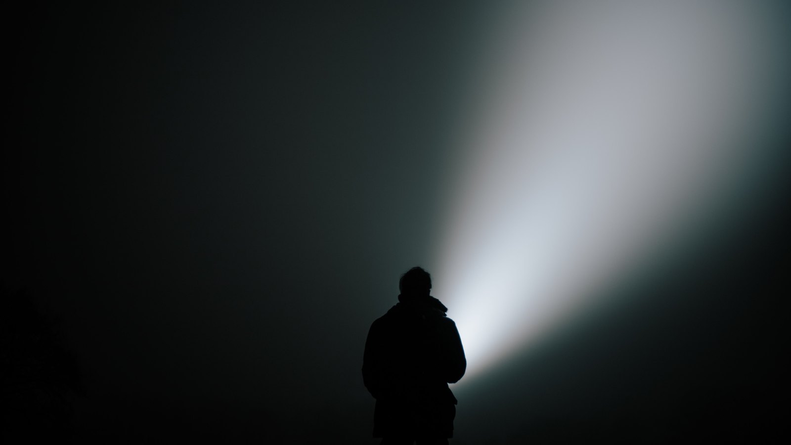 A silhouetted person holds a flashlight in fog at night, not a photograph of this search.