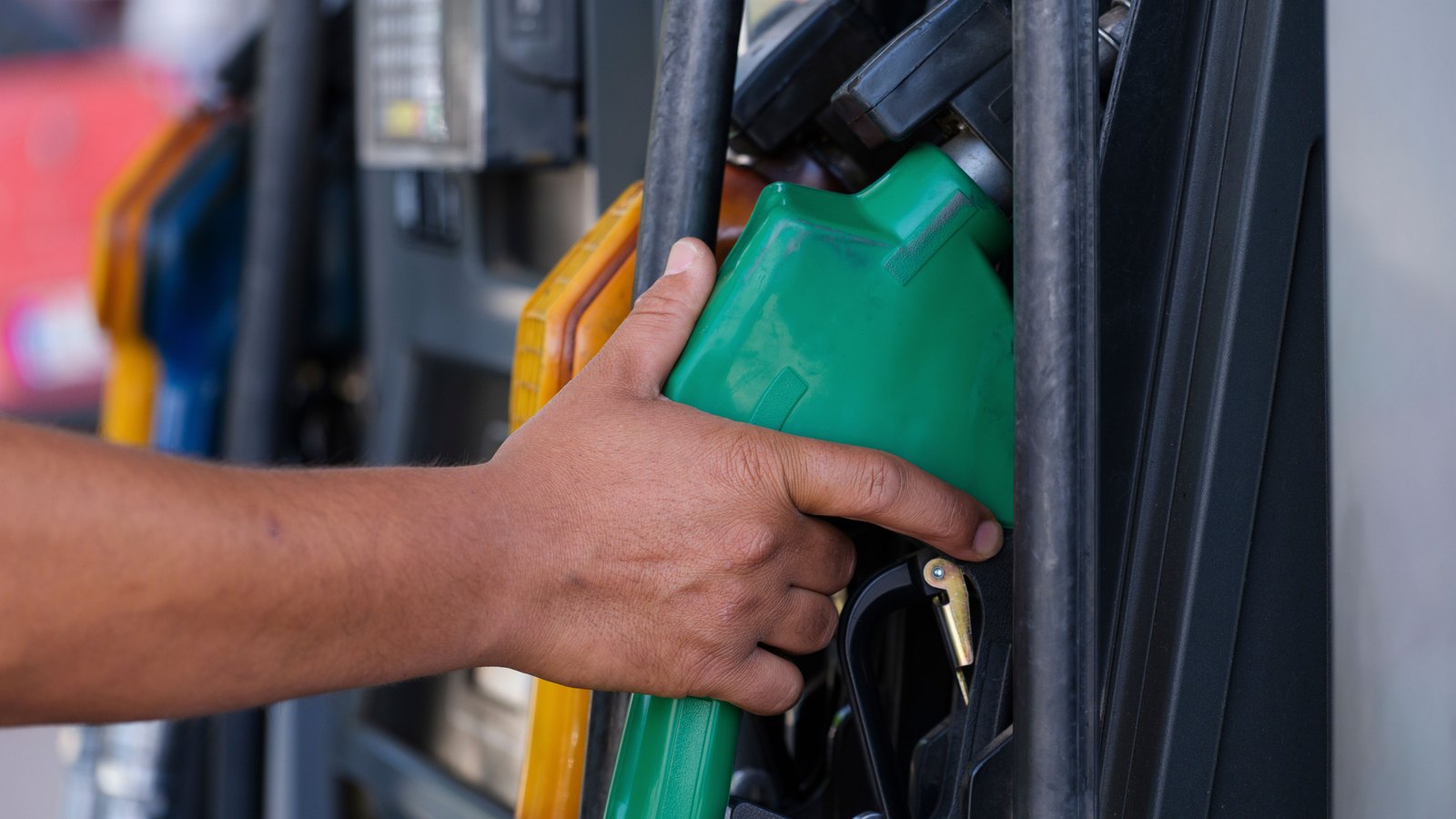 A fuel nozzle at a filling station.