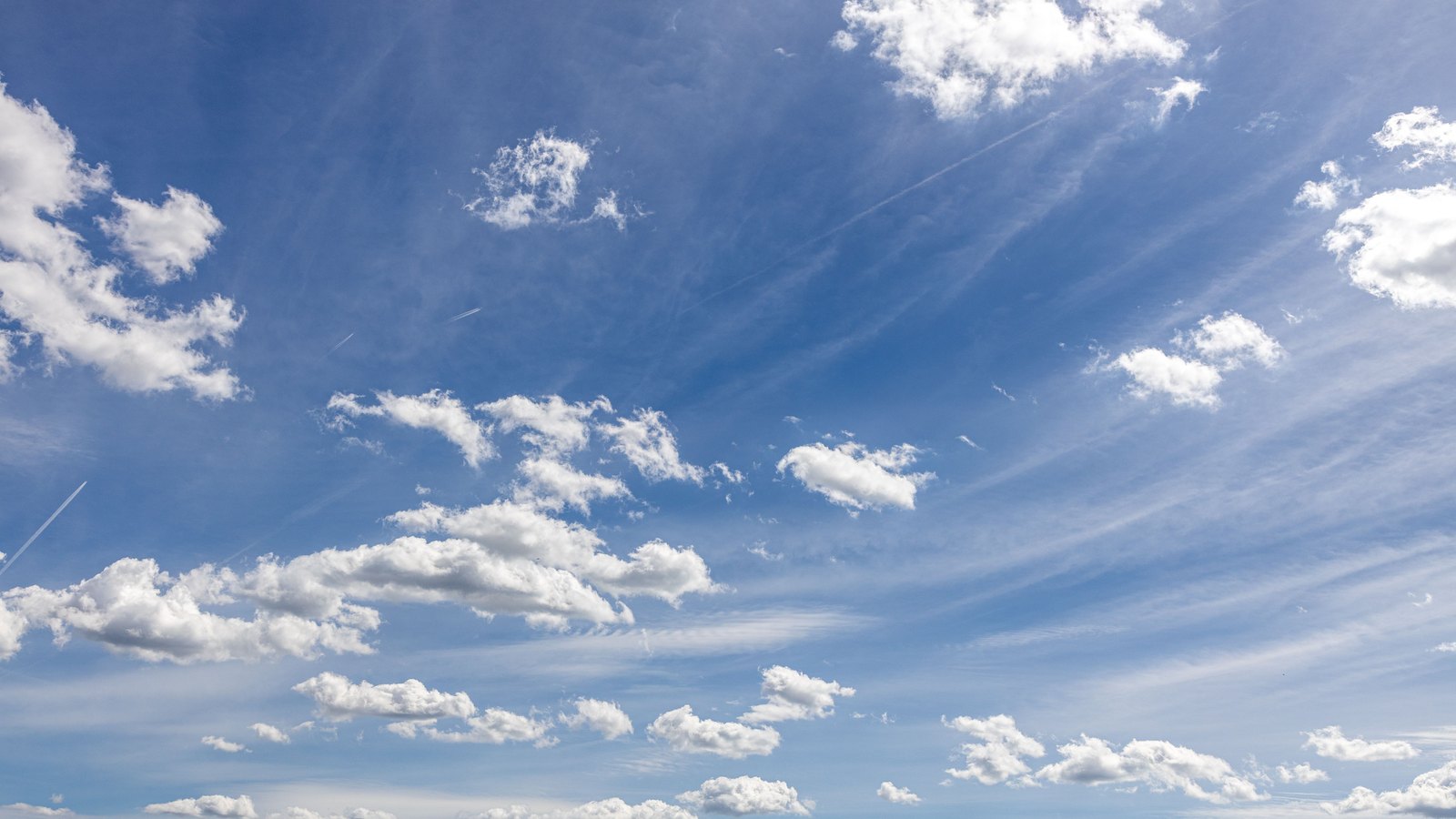 A wide blue sky filling the whole frame, with small scattered white cumulus clouds across the lower half, streaks of thin high cirrus fanning across the upper right, and two faint aircraft contrails. A band of low cloud and pale haze runs along the bottom edge. No land, water, coastline, buildings, people, signage or text are in view, and this is not a photograph of any storm.
