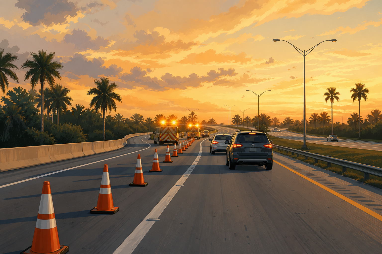 An editorial illustration of cones and amber response lights closing a lane on a palm-lined highway, not the actual event.