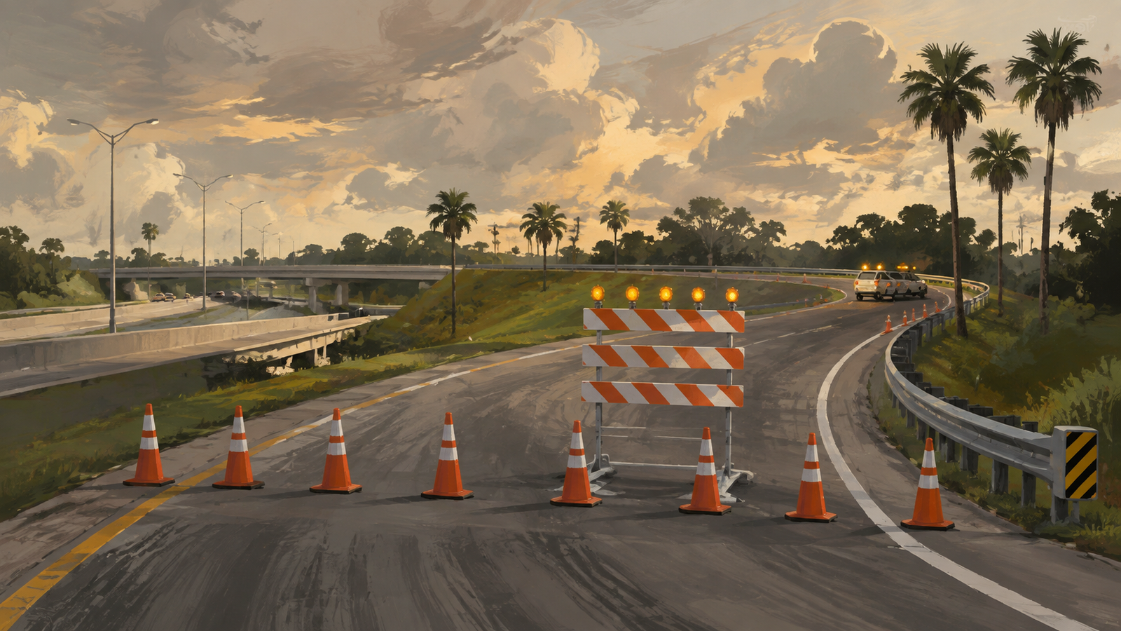 A painterly illustration of orange cones and a striped barricade closing a palm-lined highway exit ramp, not the actual event.