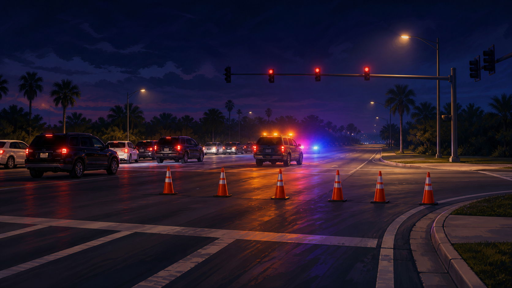 A house illustration of cones and response lights closing a palm-lined intersection at night, not a photograph of this event.