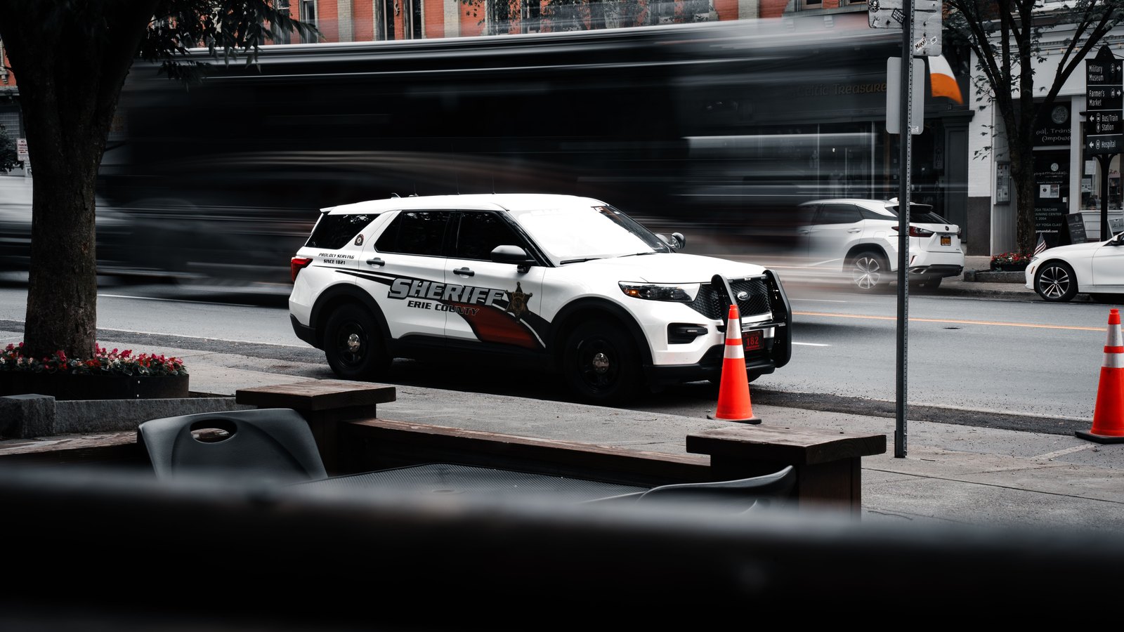 A law-enforcement response at a roadway scene.