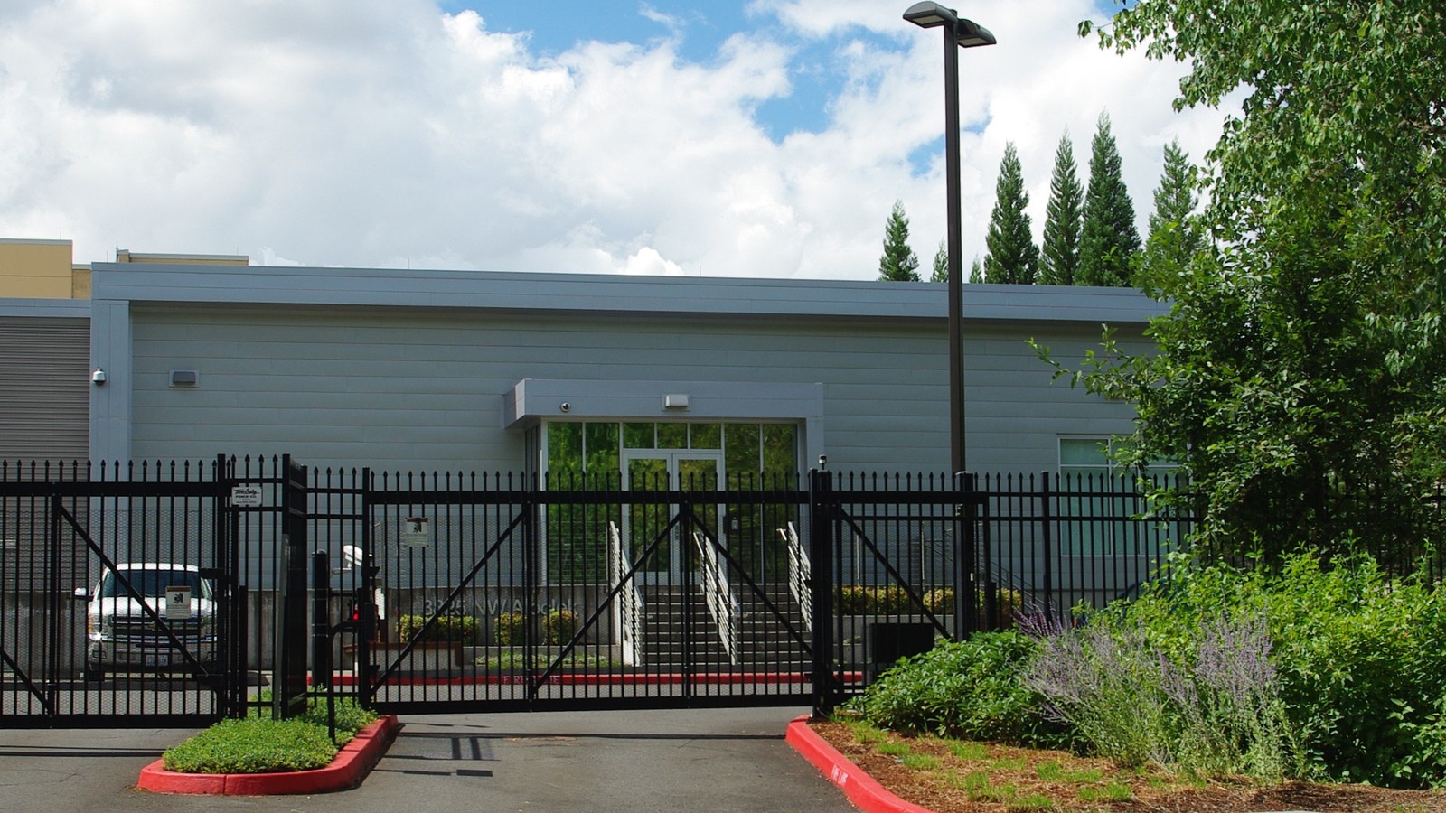 A fenced Digital Realty data center building in Hillsboro, Oregon.