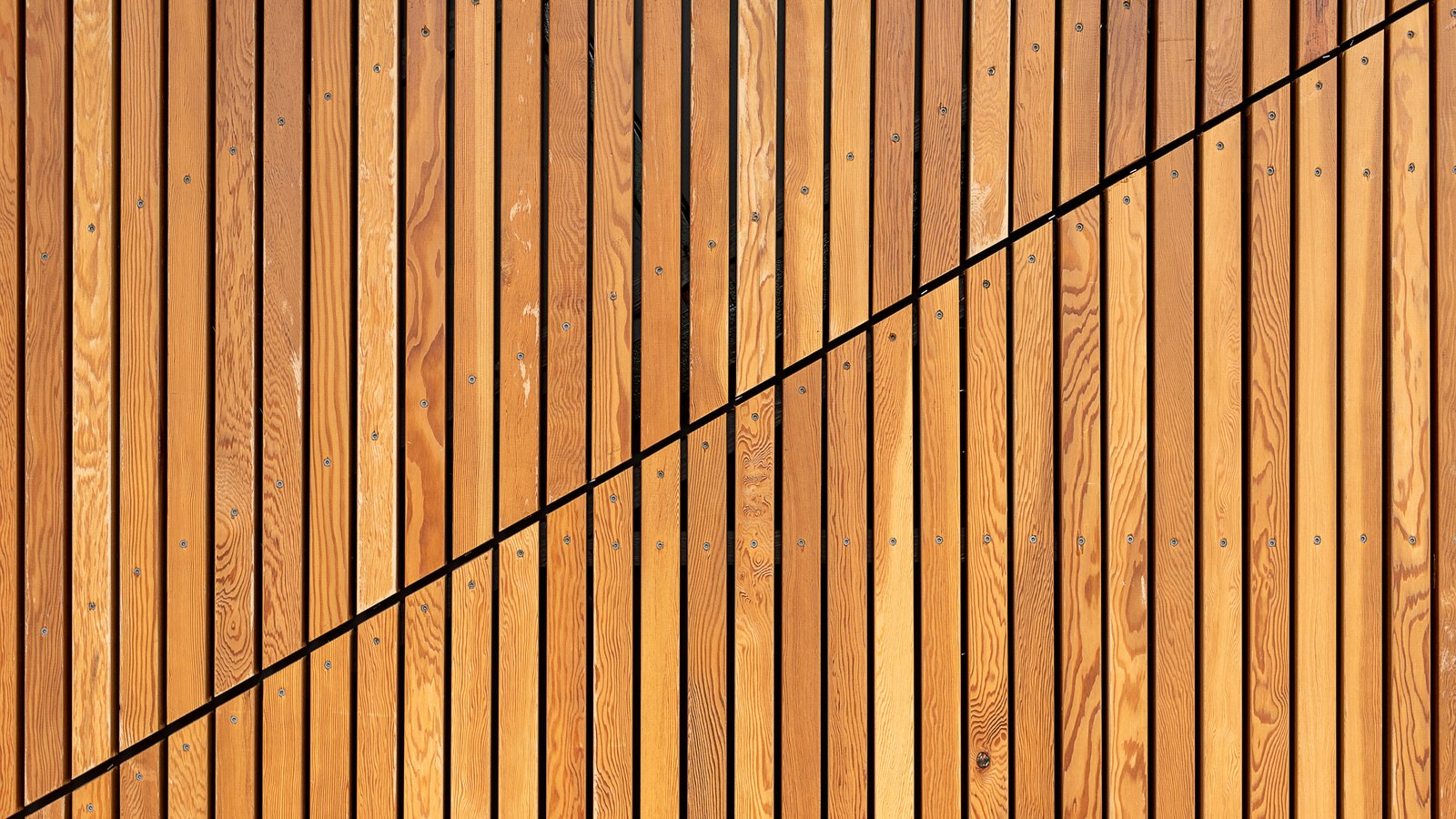 Ranks of narrow cedar battens running vertically across the whole frame, each separated by a dark shadow gap, with one thin black diagonal line crossing them from lower left to upper right.