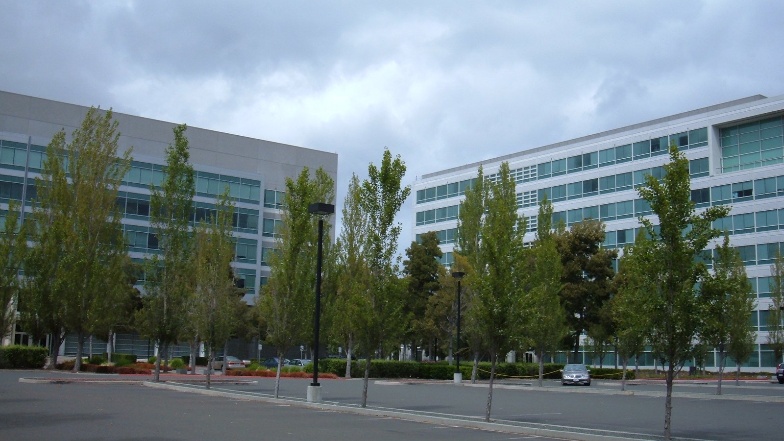 Two low rise office buildings faced in glass and pale panels, seen across an almost empty car park behind a line of young trees, under a heavy overcast sky. No sign, lettering or brand mark is legible.