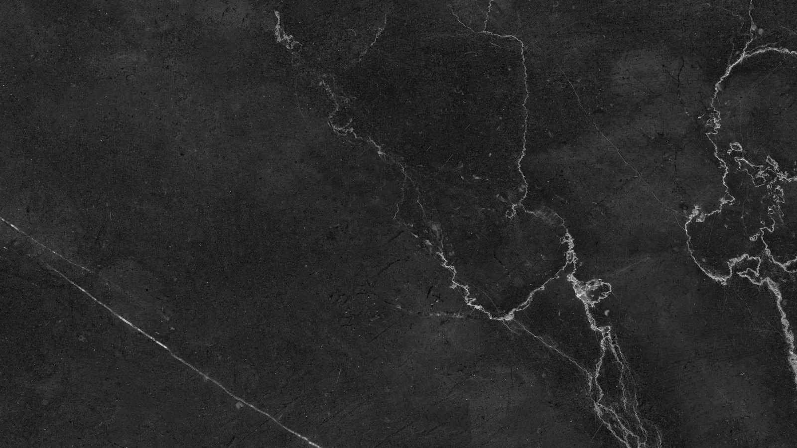 A close photograph of a dark grey stone slab filling the frame, its near-black surface crossed by thin pale veins that fork from the upper edge down towards the right, with a single straight vein running in from the lower left.