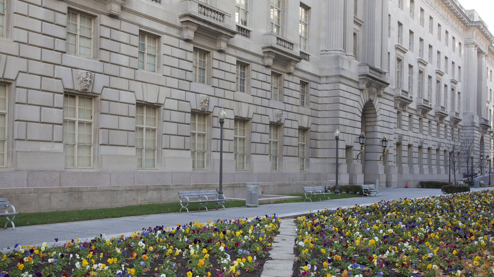 The EPA headquarters building beside flower beds in Washington.
