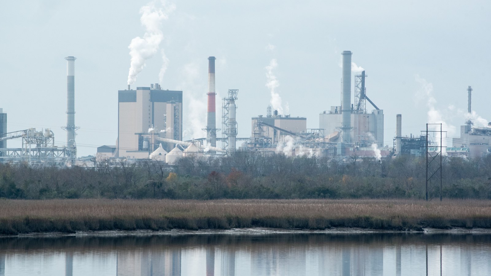 A fossil fuel power plant with smokestacks stands across a marsh.