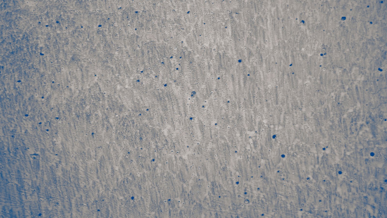 A flat wall filling the frame, photographed square on: a thin, patchy skim of pale grey laid over a blue ground, with the blue showing through as scattered dark pinholes across the middle and as a broader wash down the left and right edges.