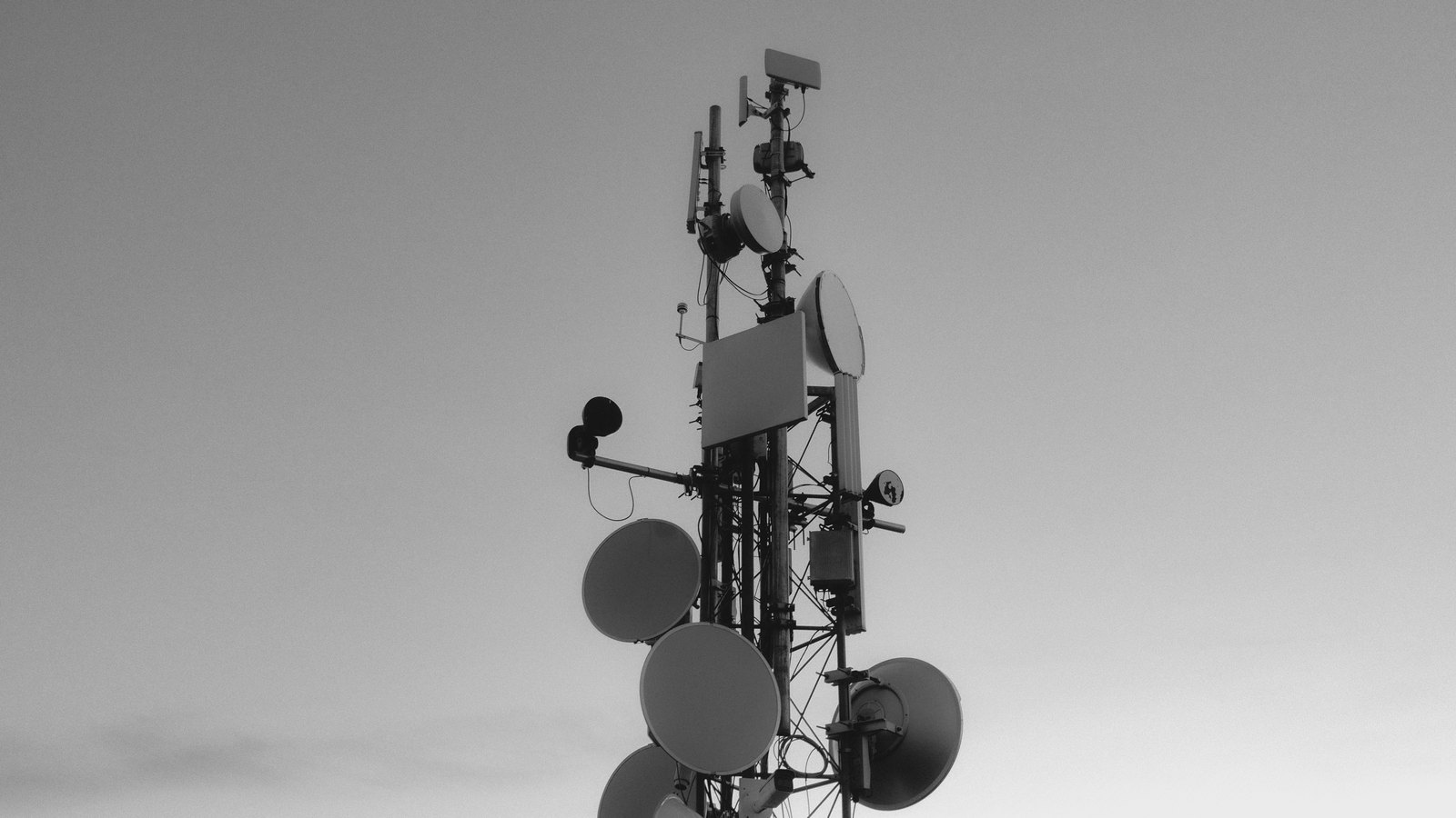 A black and white photograph of the top of a communications mast carrying microwave dishes and flat panel antennas, seen against a plain pale sky. No lettering, brand mark, building or person is in the frame.
