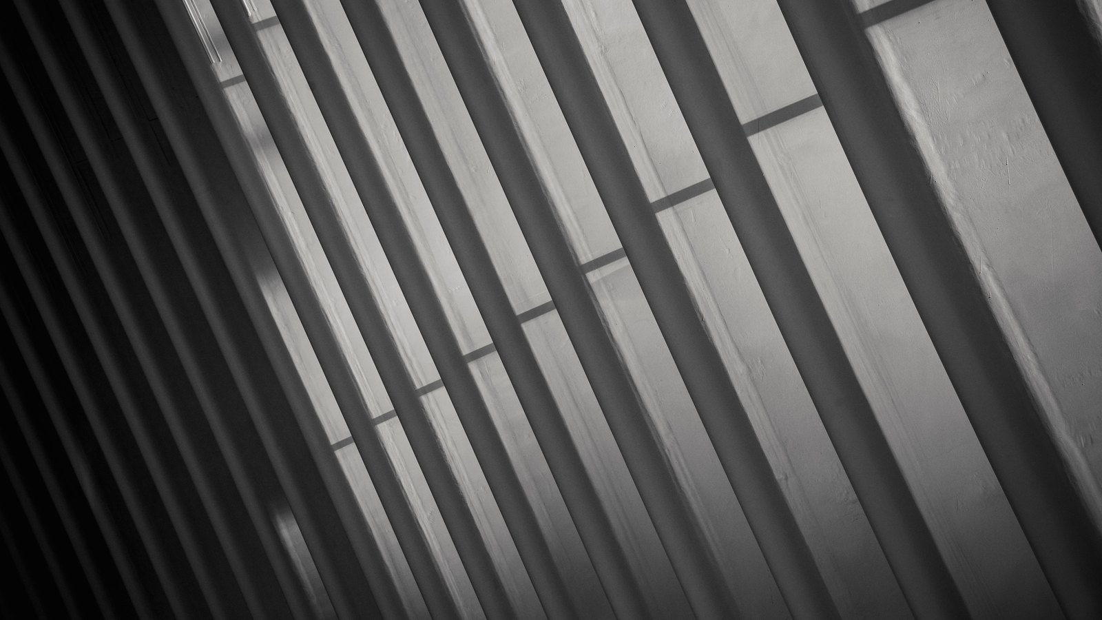 A black and white view along a ribbed concrete ceiling, parallel ribs running diagonally across the frame with light falling on one side and the other half dropping into shadow.