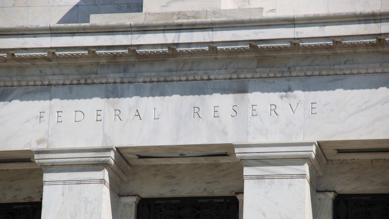 The Federal Reserve name is carved above marble columns on the Eccles Building in Washington.