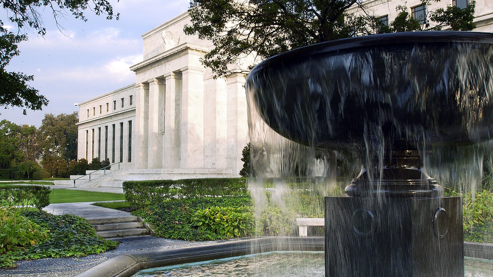 A fountain and landscaping outside the Marriner S. Eccles Federal Reserve Board Building in Washington.