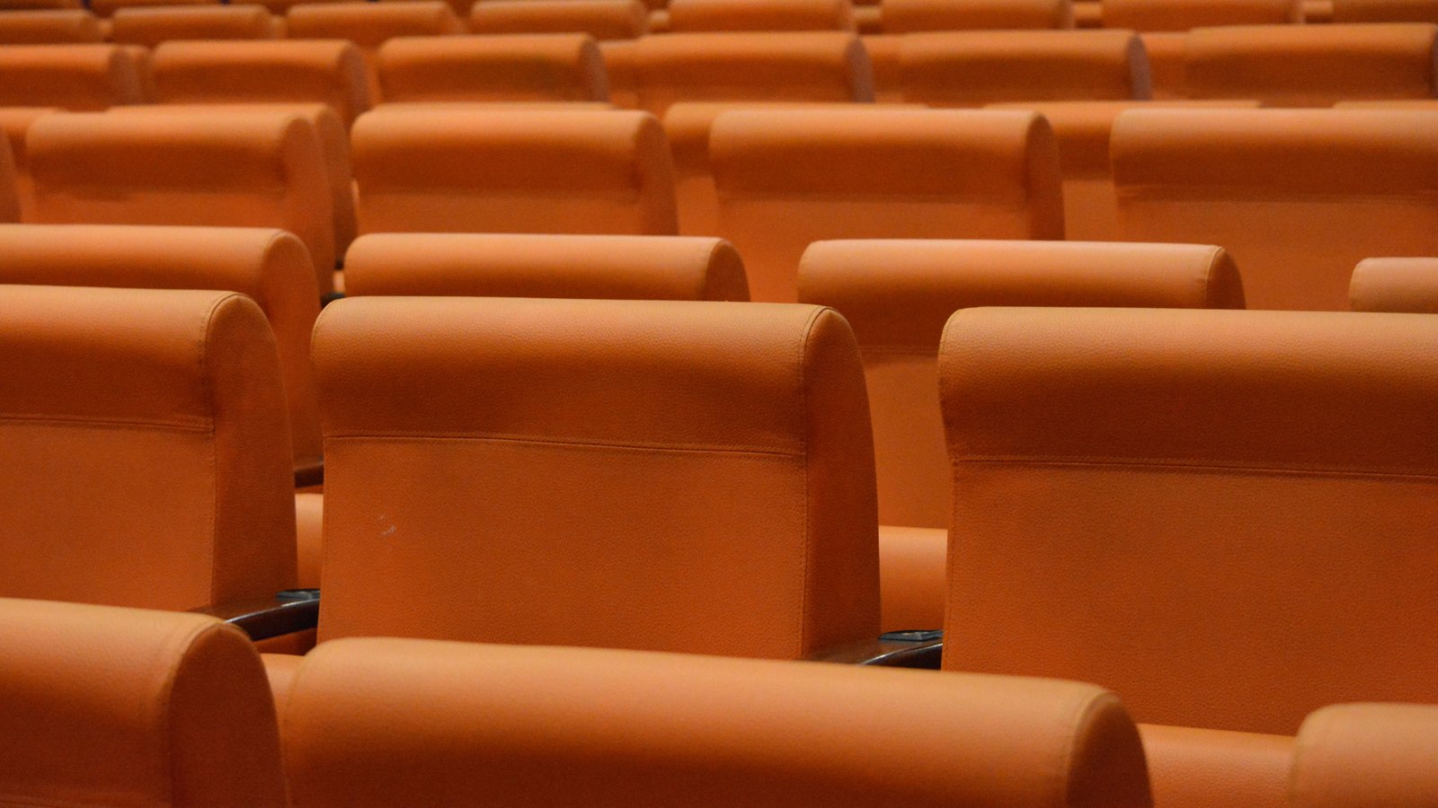 Rows of empty seats in a public meeting room.