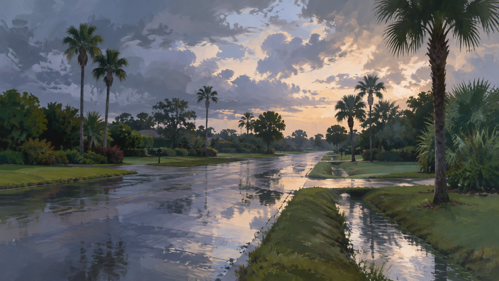 A house illustration of shallow standing water on a palm-lined residential road after rain, not a photograph of this event.