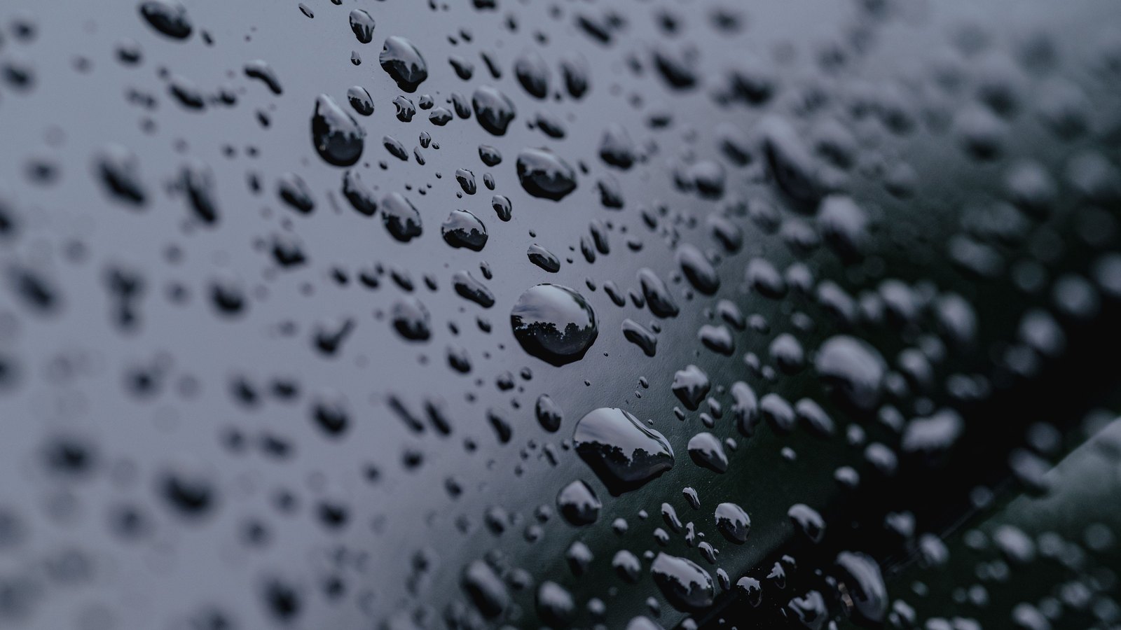 Water droplets scattered across a dark grey surface, the largest beads sharply focused and the rest falling away into blur.