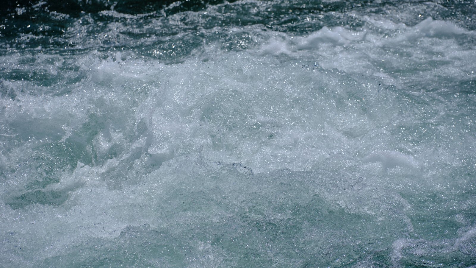 Fast white water churning across the whole frame, foam surging over a dark green current, with no bank or horizon visible.